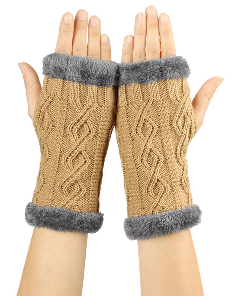 

1Pair Warm Fleece Lined Knit Fingerless Gloves, Khaki