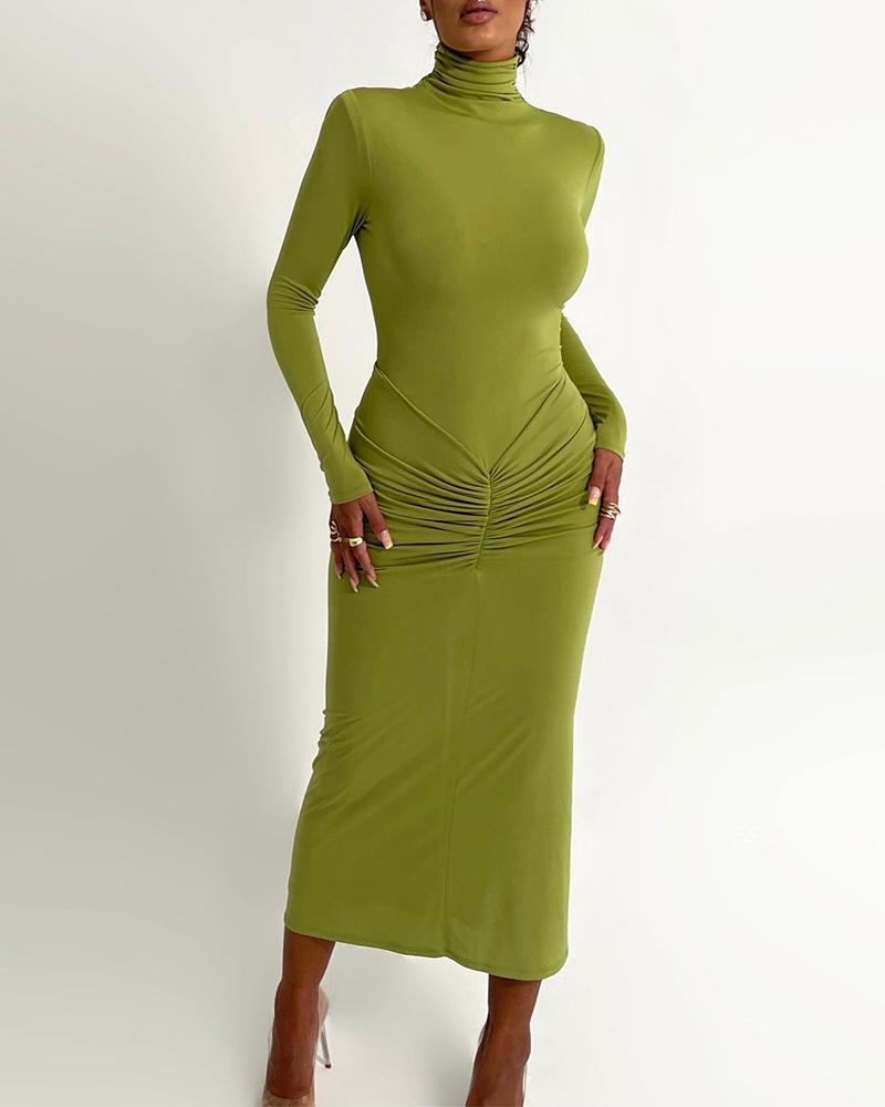 

High Neck Ruched Long Sleeve Bodycon Dress, Green