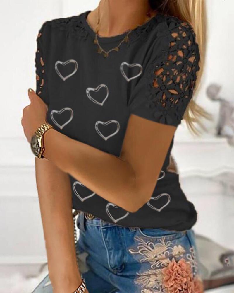 

Heart Print Contrast Lace T-shirt, Black