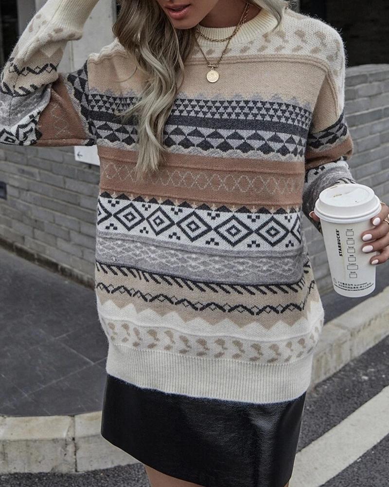 

Geometric Long Sleeve Pullover Knit Sweater, Khaki