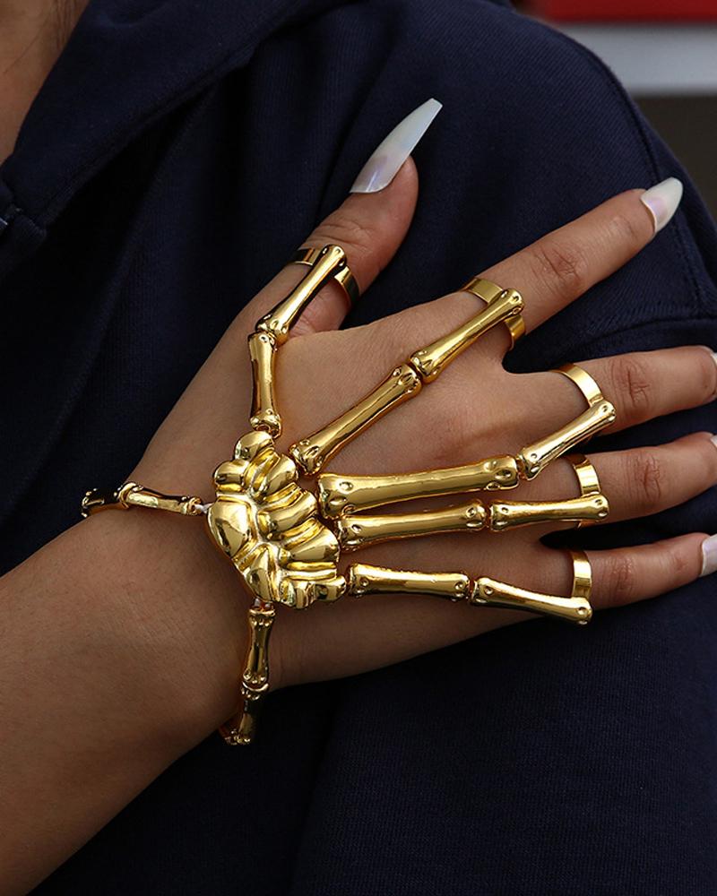 

1pc Halloween Goth Skeleton Hand Design Mittens Bracelet, Gold