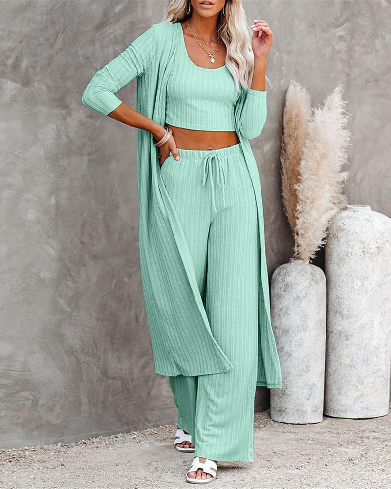 

Crop Ribbed Tank Top & Drawstring Pants Set With Longline Coat, Green