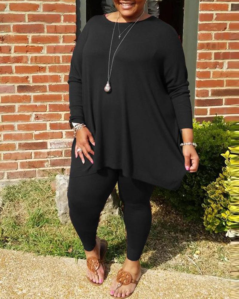 

Solid Long Sleeve T-shirt With Harem Pants Suit Sets, Black