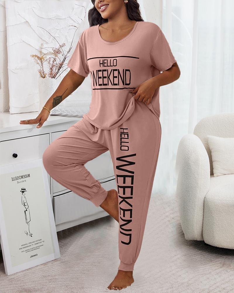 

Plus Size Hello Weekend Print Short Sleeve Pajamas Set, Pink