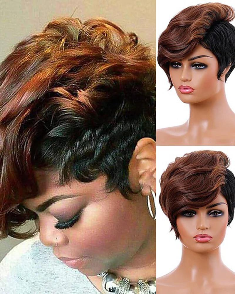 

Short Black Mixed Brown Curly Synthetic Pixie Cut Hair Wig With Bangs, Gold