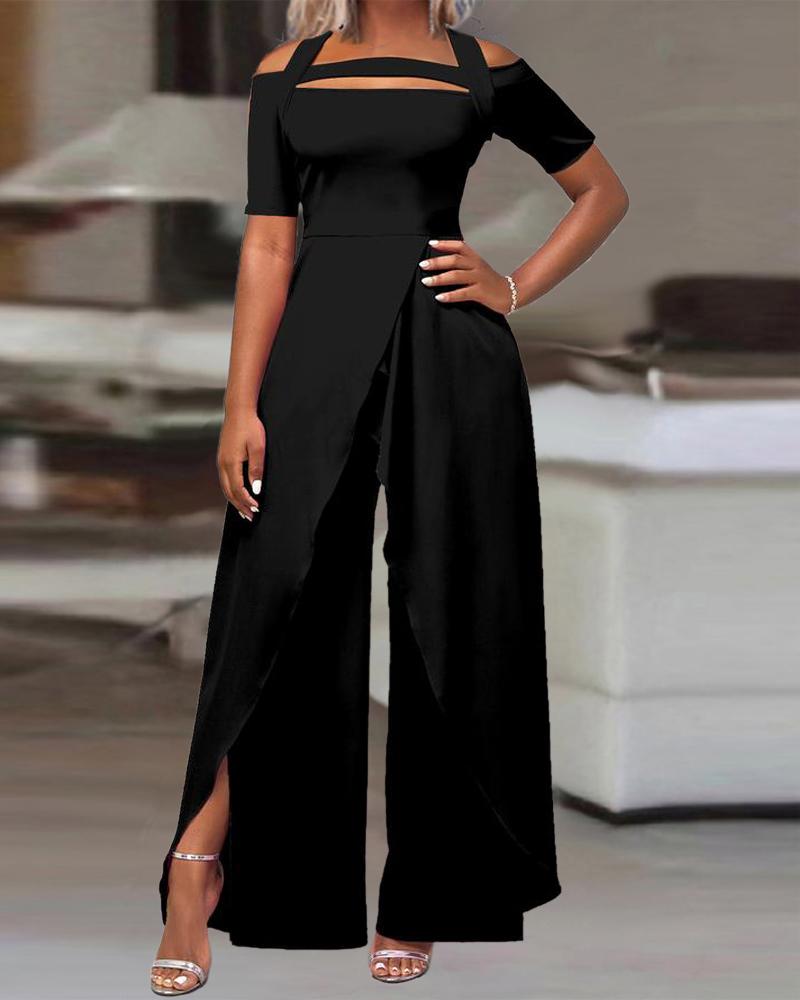 

Asymmetrical Neck Wide Leg Jumpsuit, Black