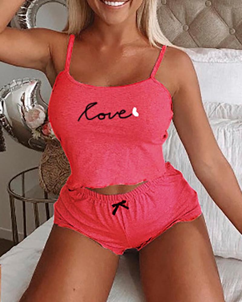 

Letter Print Bowknot Frill Hem Cami Set, Red