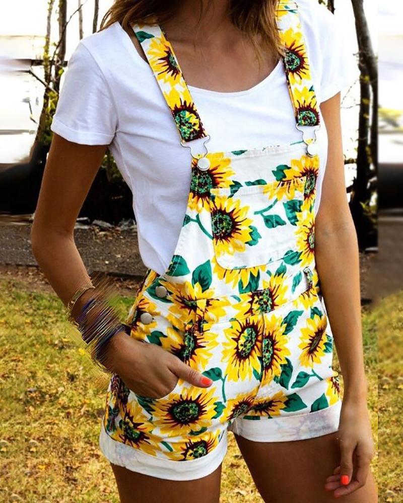 

Floral Print Thick Strap Suspender Shorts, Yellow