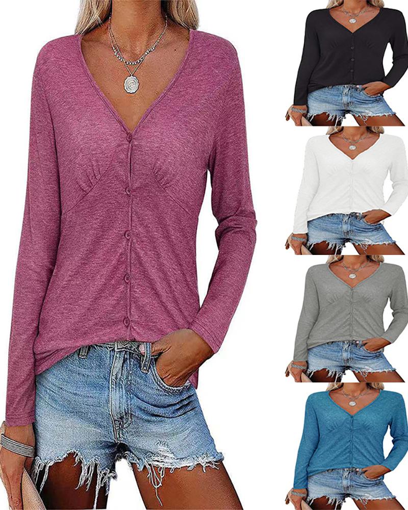 

Button Front Long Sleeve V-Neck Top, Red