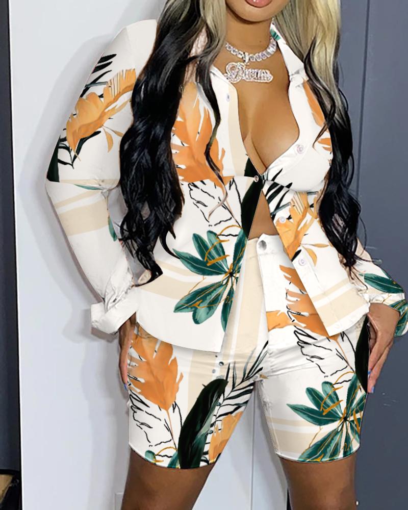 

Tropical Print Button Down Shirt & Shorts Set, Multicolor