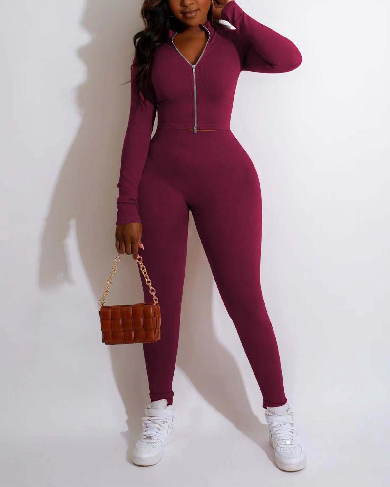 

Long Sleeve Zip Up Top & Pants Set, Wine red