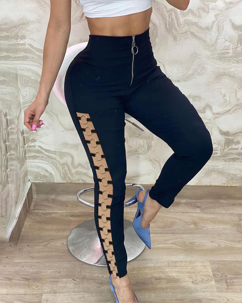 

High Waist Zipper Design O Ring Skinny Pants, Black