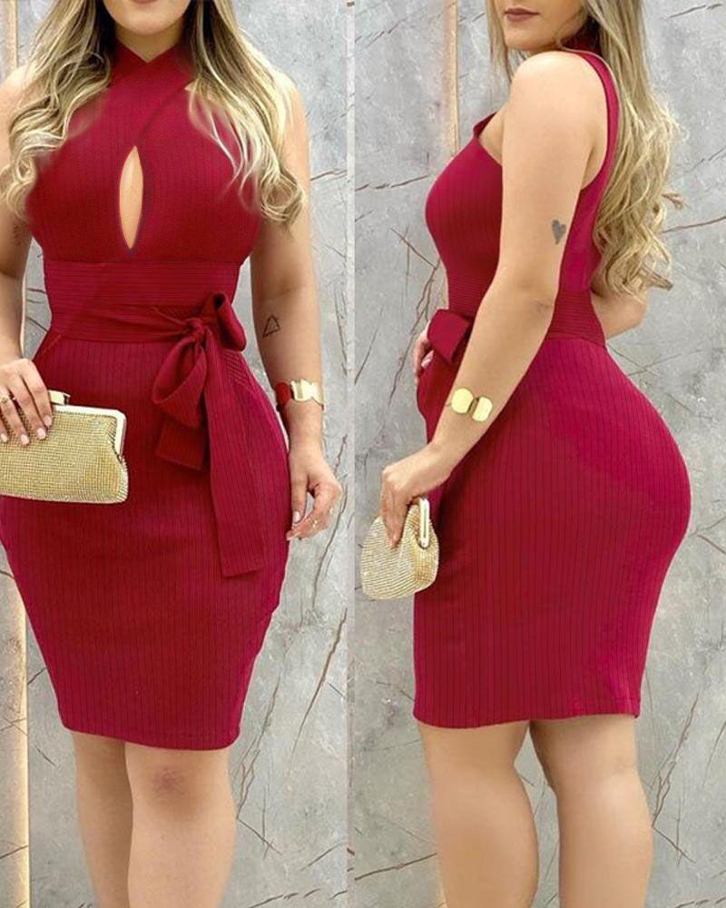 

Plain Front Cross Cutout Bodycon Dress, Wine red
