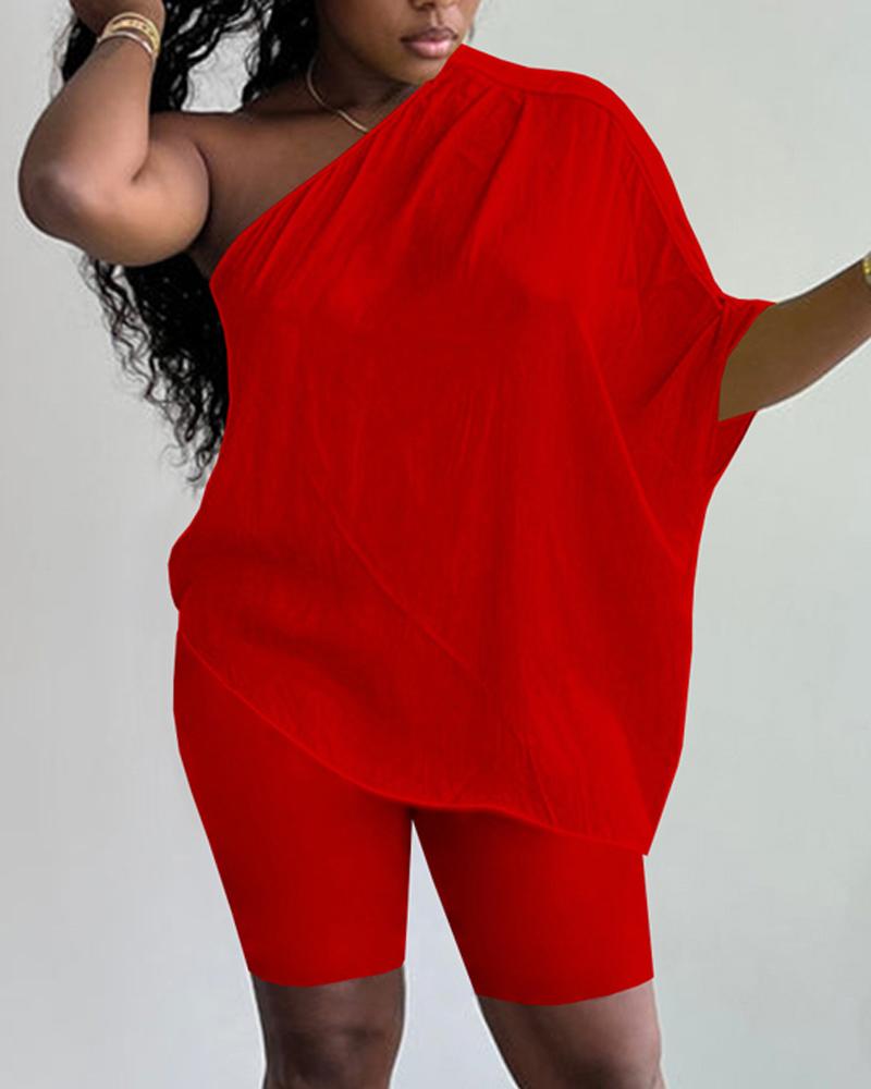 

One Shoulder Casual Top & Shorts Set, Red