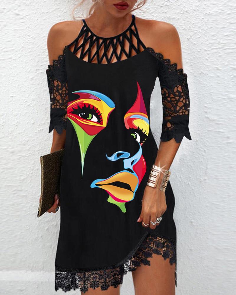 

Figure Print Cold Shoulder Lace Trim Casual Dress, Black
