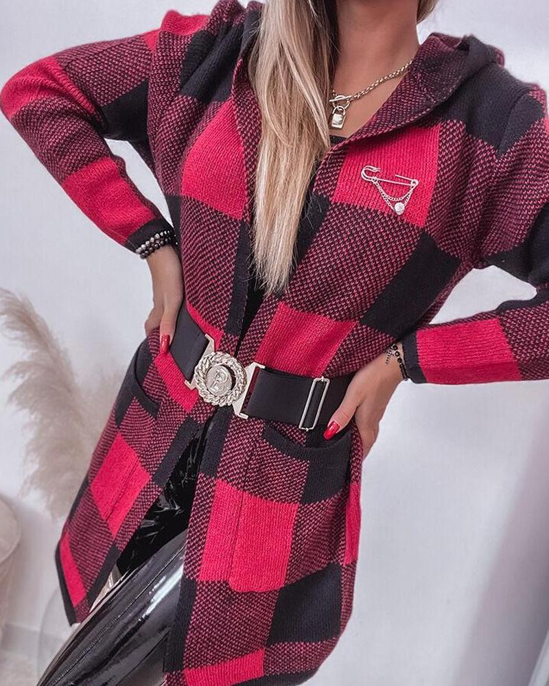 

Plaid Pocket Design Long Sleeve Hooded Cardigan, Red