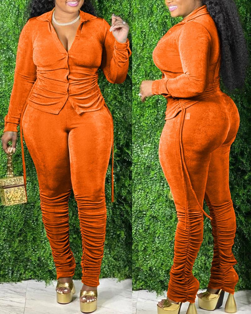 

Ruched Long Sleeve Top & High Waist Pants Set, Orange