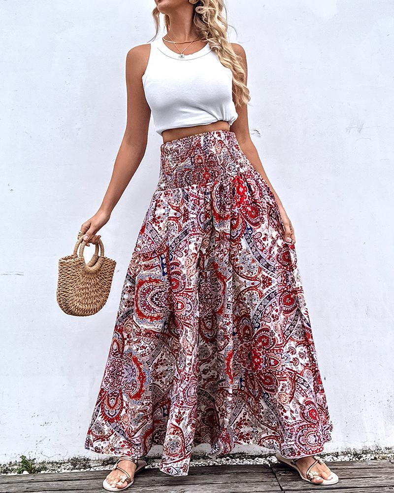 

Paisley Print Shirred Wide Leg Pants, Multicolor