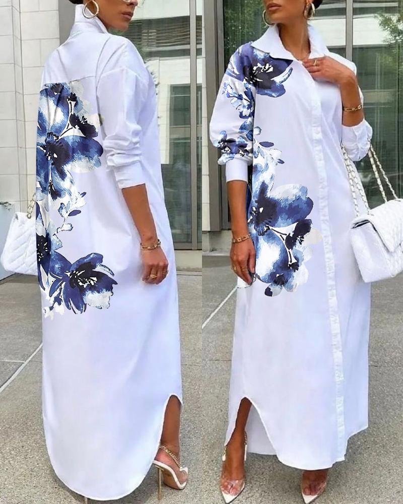 

Floral Print Long Sleeve Button Down Shirt Dress, White