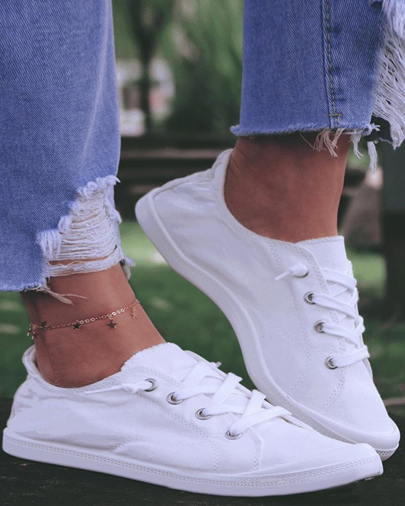 

Contrast Paneled Lace-Up Canvas Sneakers, White