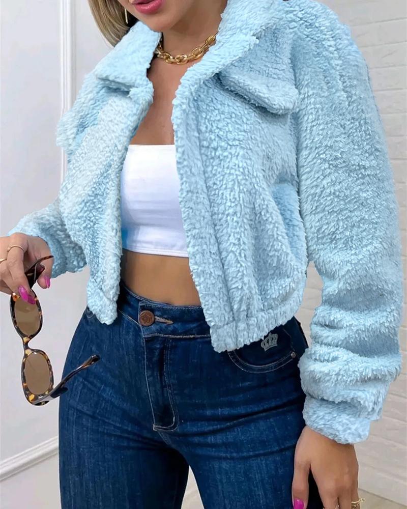 

Button Decor Long Sleeve Teddy Coat, Sky blue