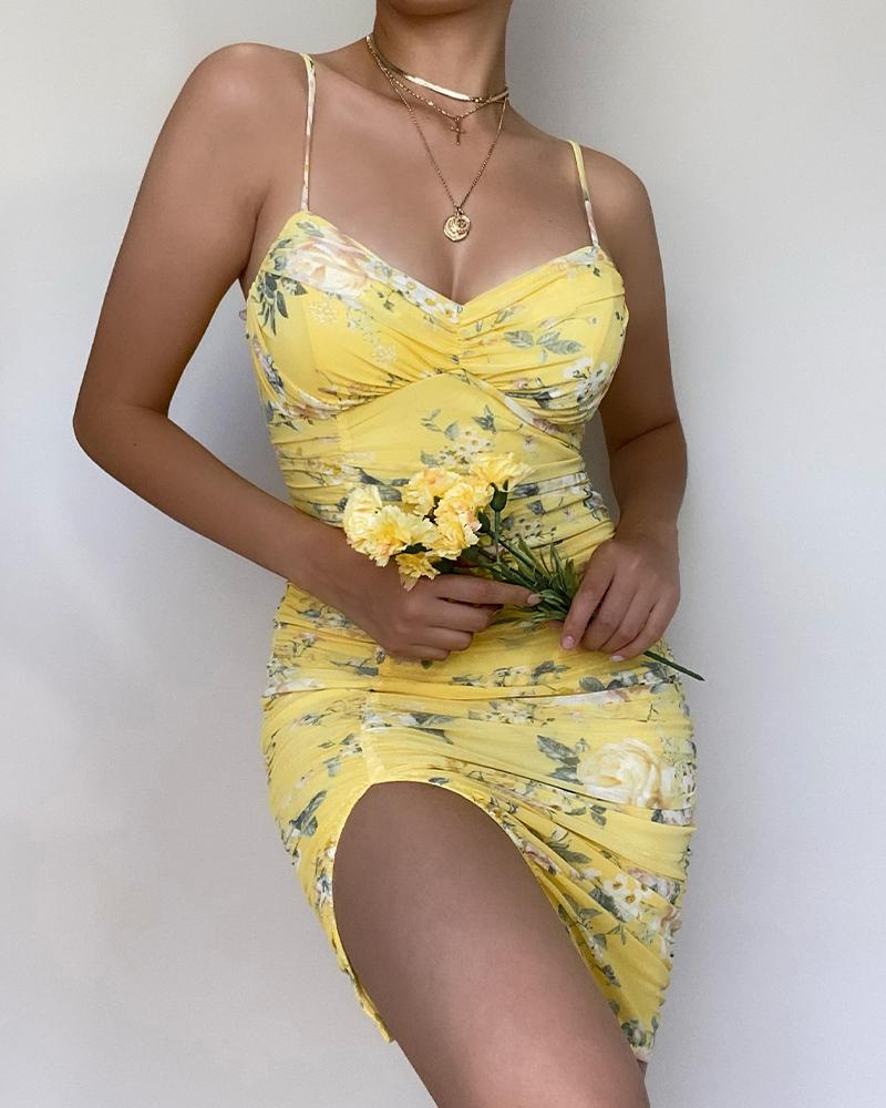 

Floral Print Sling Slinky Ruched Mini Dress, Yellow