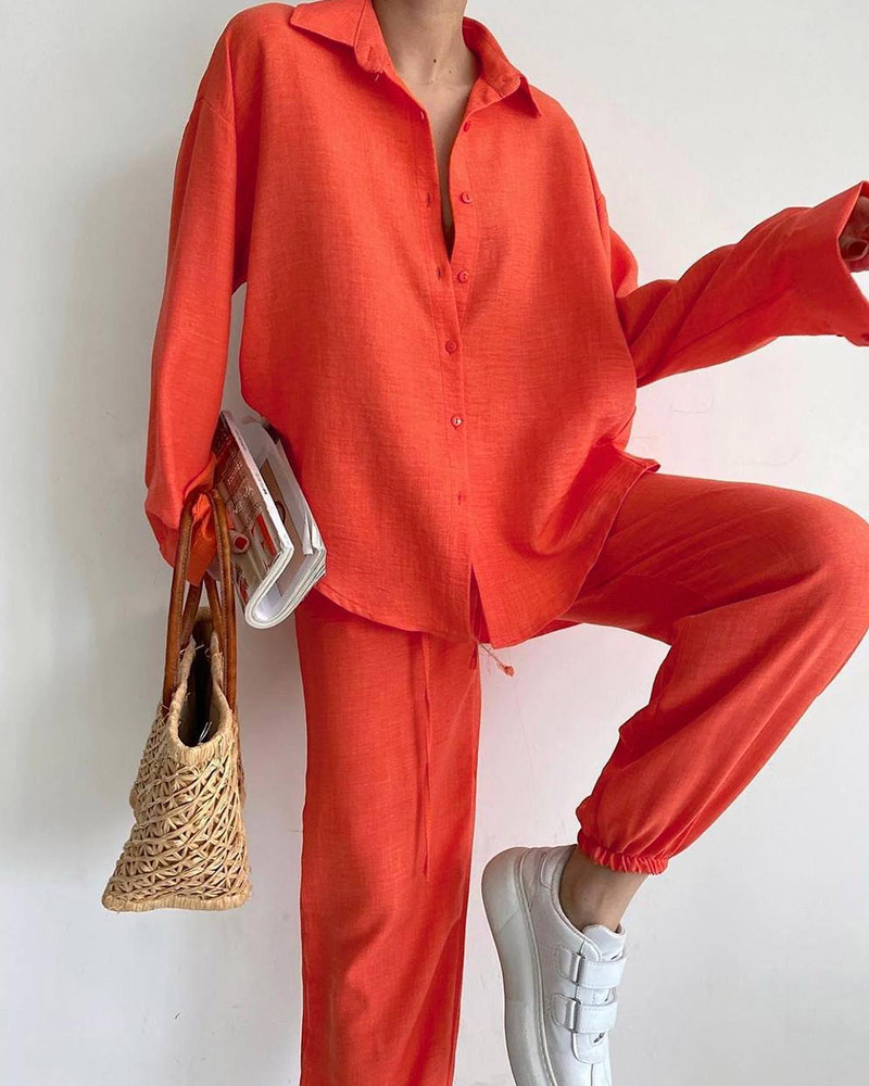 

Long Sleeve Button Down Shirt & Pants Set, Orange