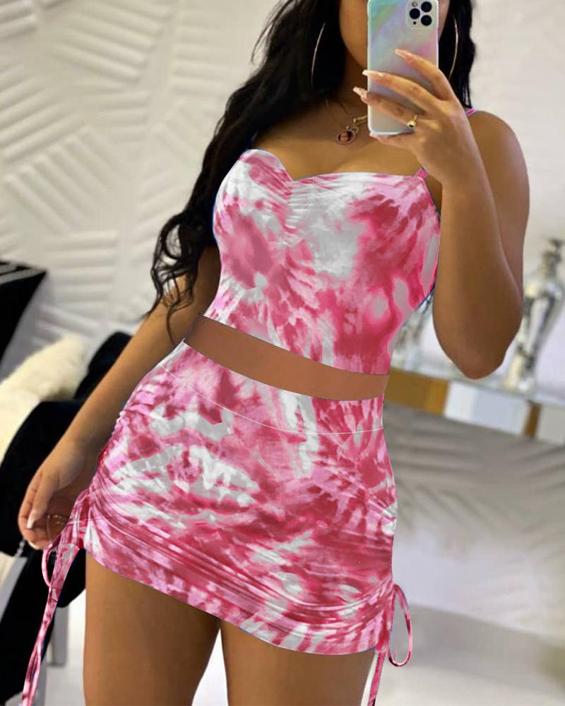

Tie Dye Print Sling Cropped Top With Short Skirt Skirt Sets, Pink
