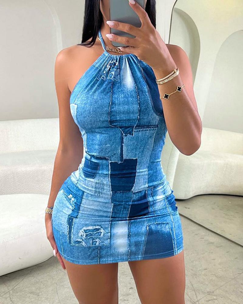 

Denim Look Print Halter Bodycon Dress, Blue