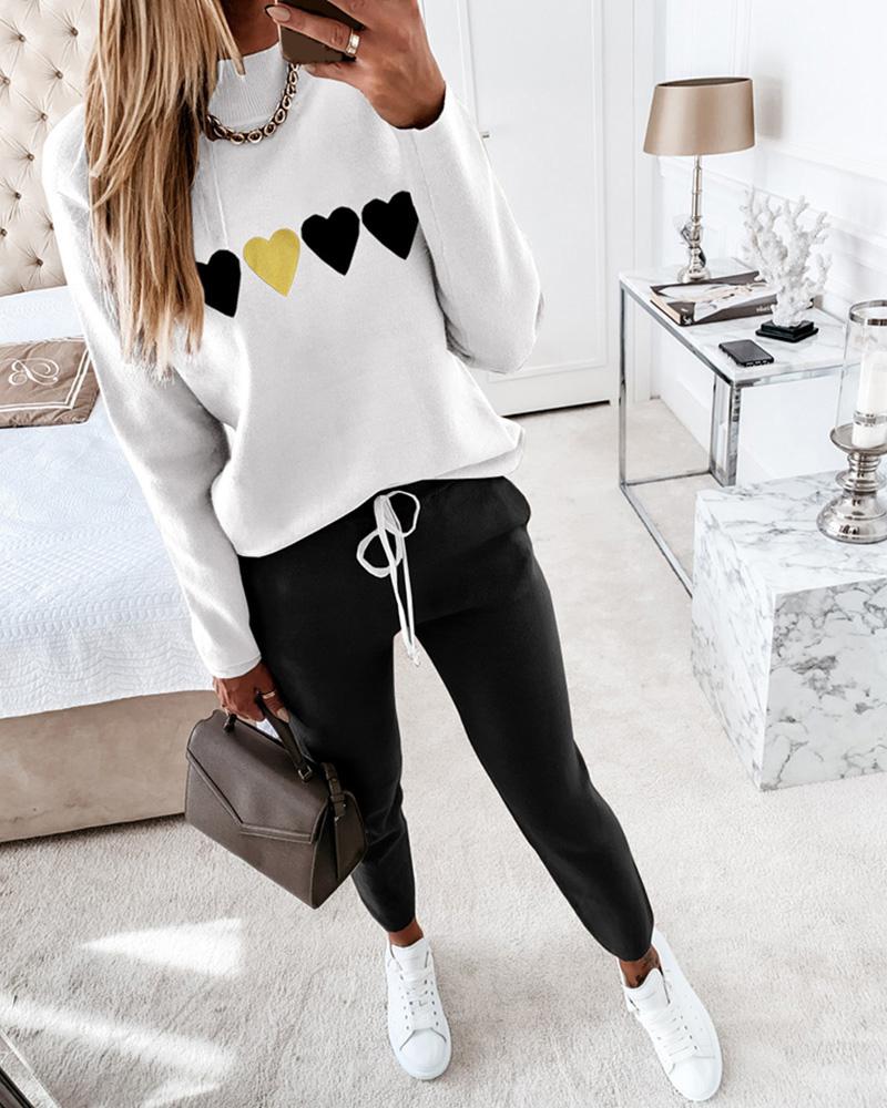 

Heart Print Long Sleeve Top & Drawstring Waist Pants Set, White