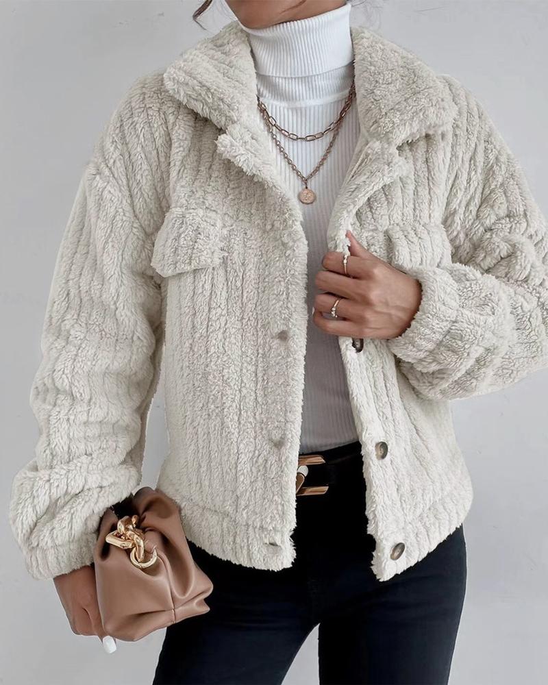 

Long Sleeve Button Front Teddy Coat, Apricot