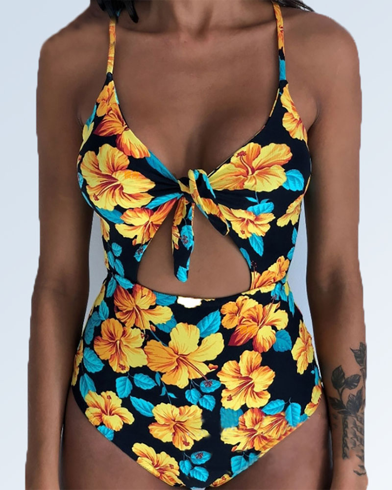 

Print Tied Lace-Up Back One Piece Swimsuit, Black