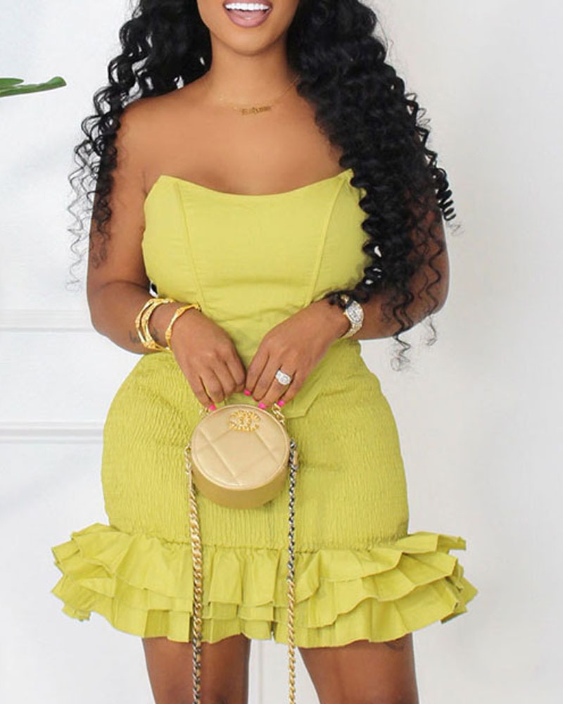 

Hanky Hem Corset Tube Top & Shirred Ruffle Trim Skirt Set, Yellow