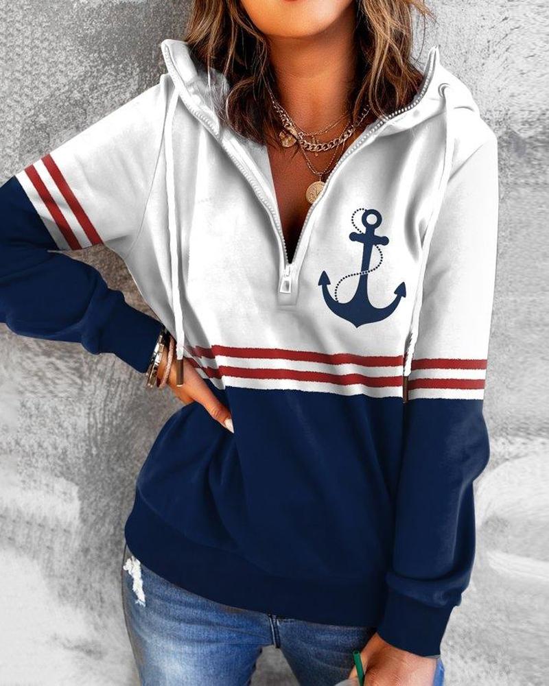 

Anchor Print Colorblock Zip Detail Hoodie, Blue