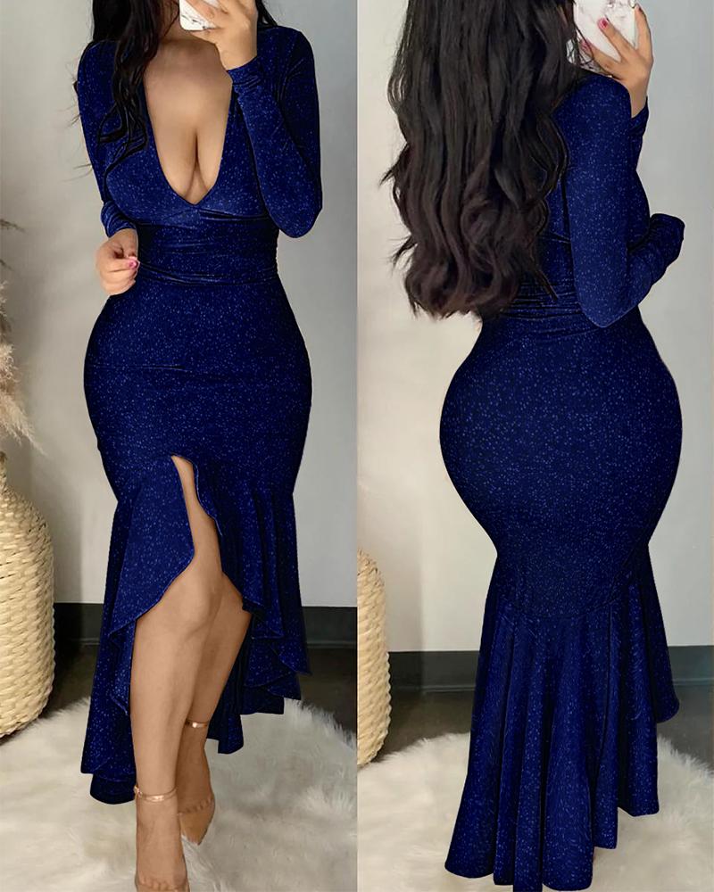 

Long Sleeve Deep V-Neck Glitter Mermaid Dress, Dark blue
