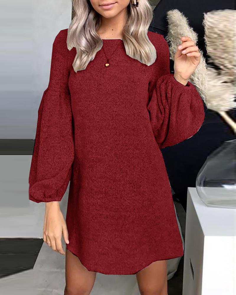 

Lantern Sleeve Knit Casual Sweater Dress, Red