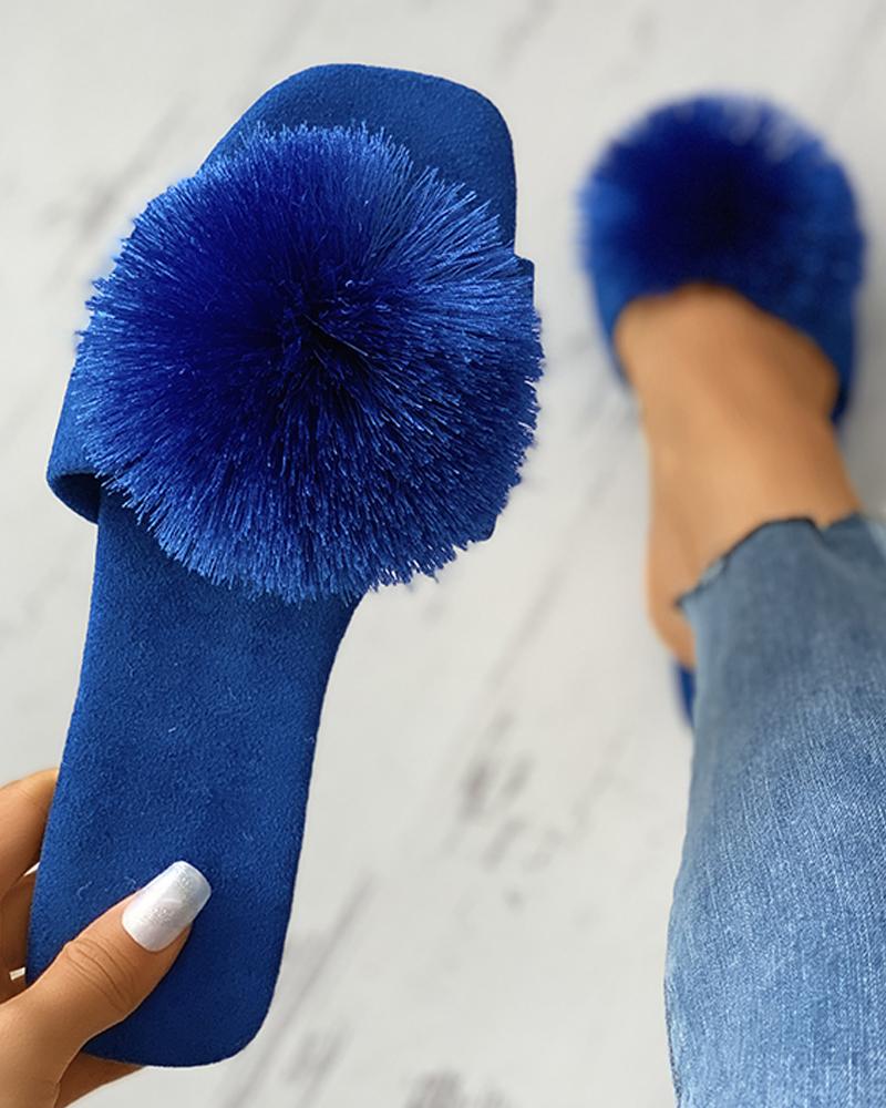 

Fluffy Tassel Ball Open Toe Slipper, Blue