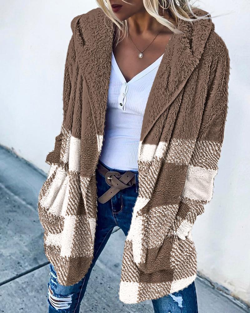 

Plaid Print Long Sleeve Hooded Teddy Coat, Brown