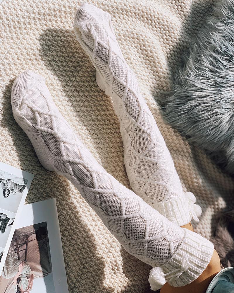 

1Pair Pom Pom Braided Knee Length Socks, Gray