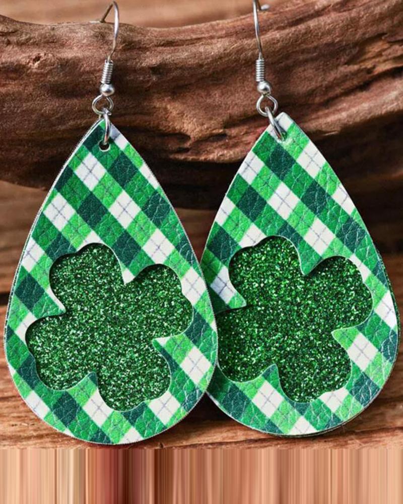 

1Pair St. Patrick's Day Lucky Shamrock Clover Glitter Plaid Earrings, Green