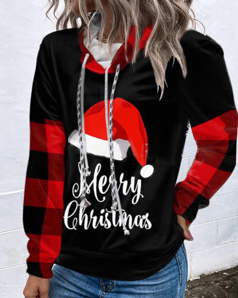 

Christmas Letter Plaid Print Long Sleeve Top, Black