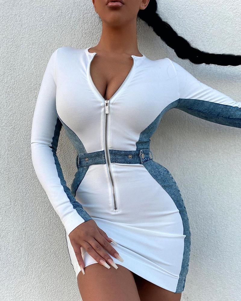 

Denim Patch Zipper Design Long Sleeve Bodycon Dress, White