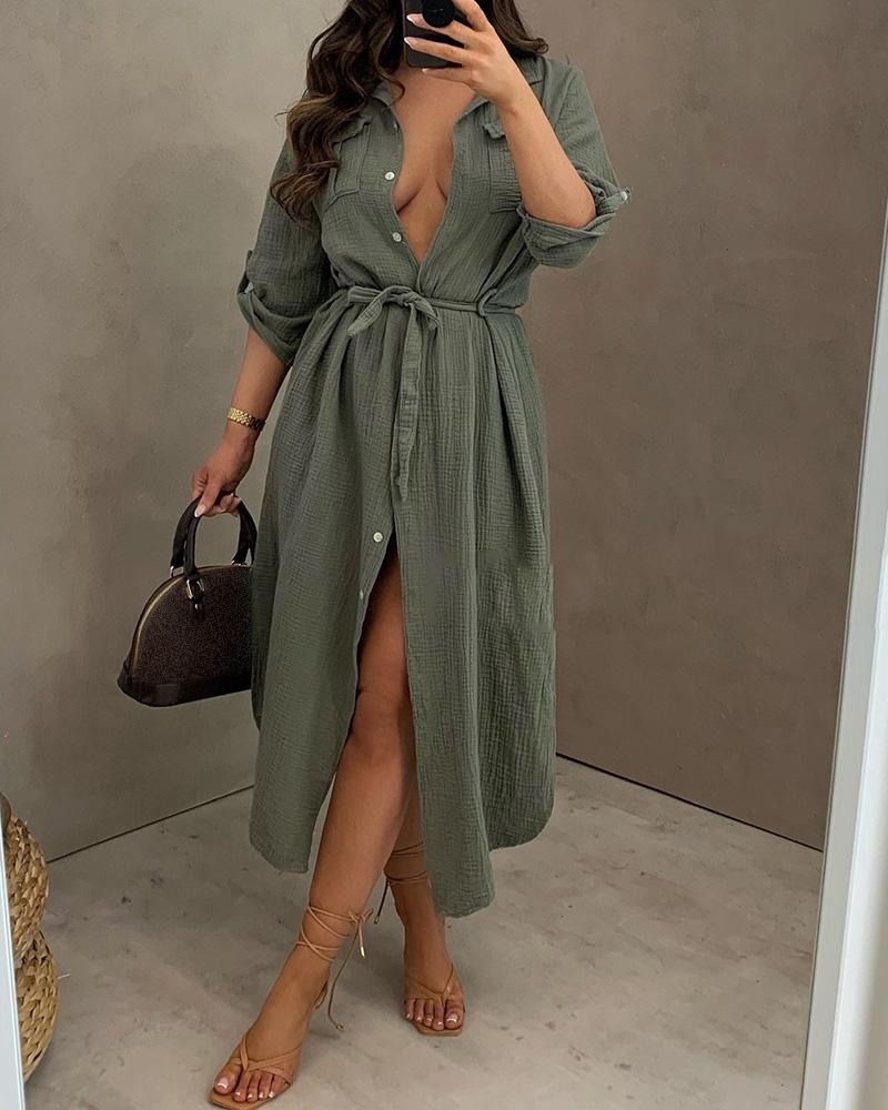 

Button Design Short Sleeve Shirt Dress, Army green