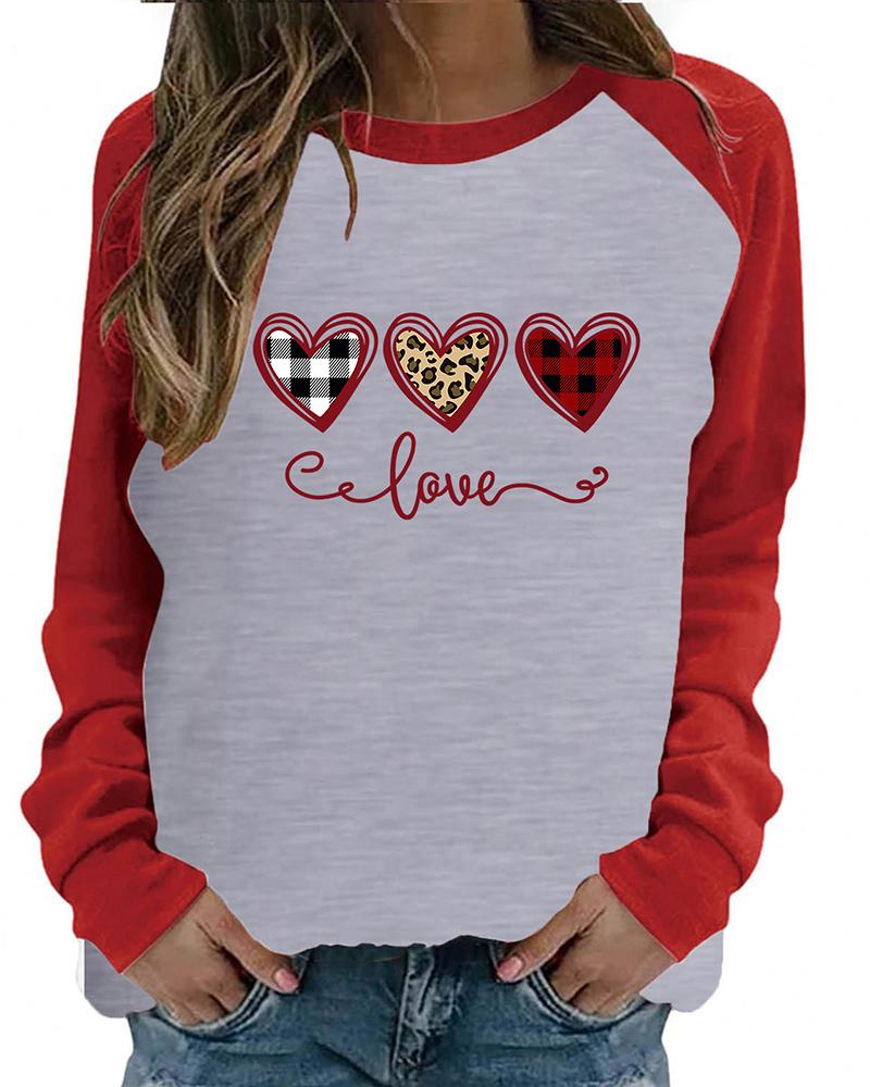 

Valentine's Day Heart Plaid Cheetah Print Long Sleeve Top, Gray