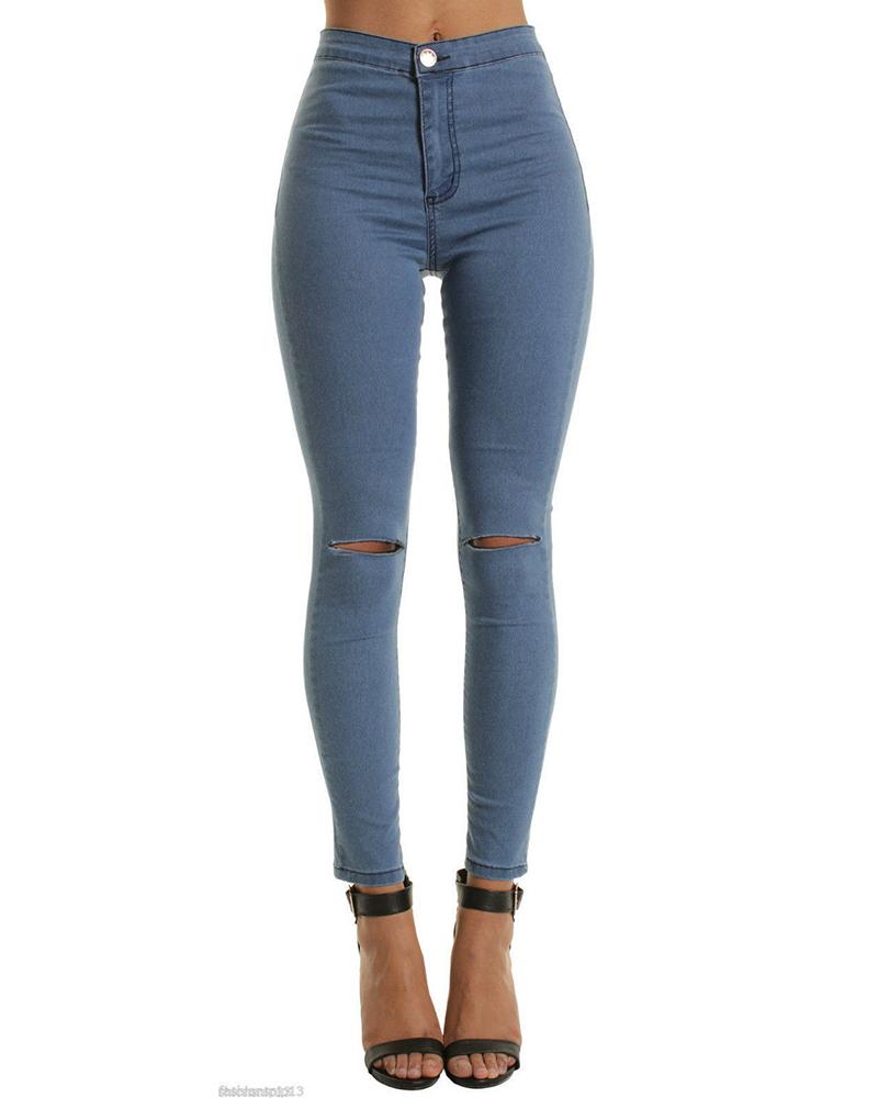 

Cutout High Waisted Button Design Denim Pants, Blue