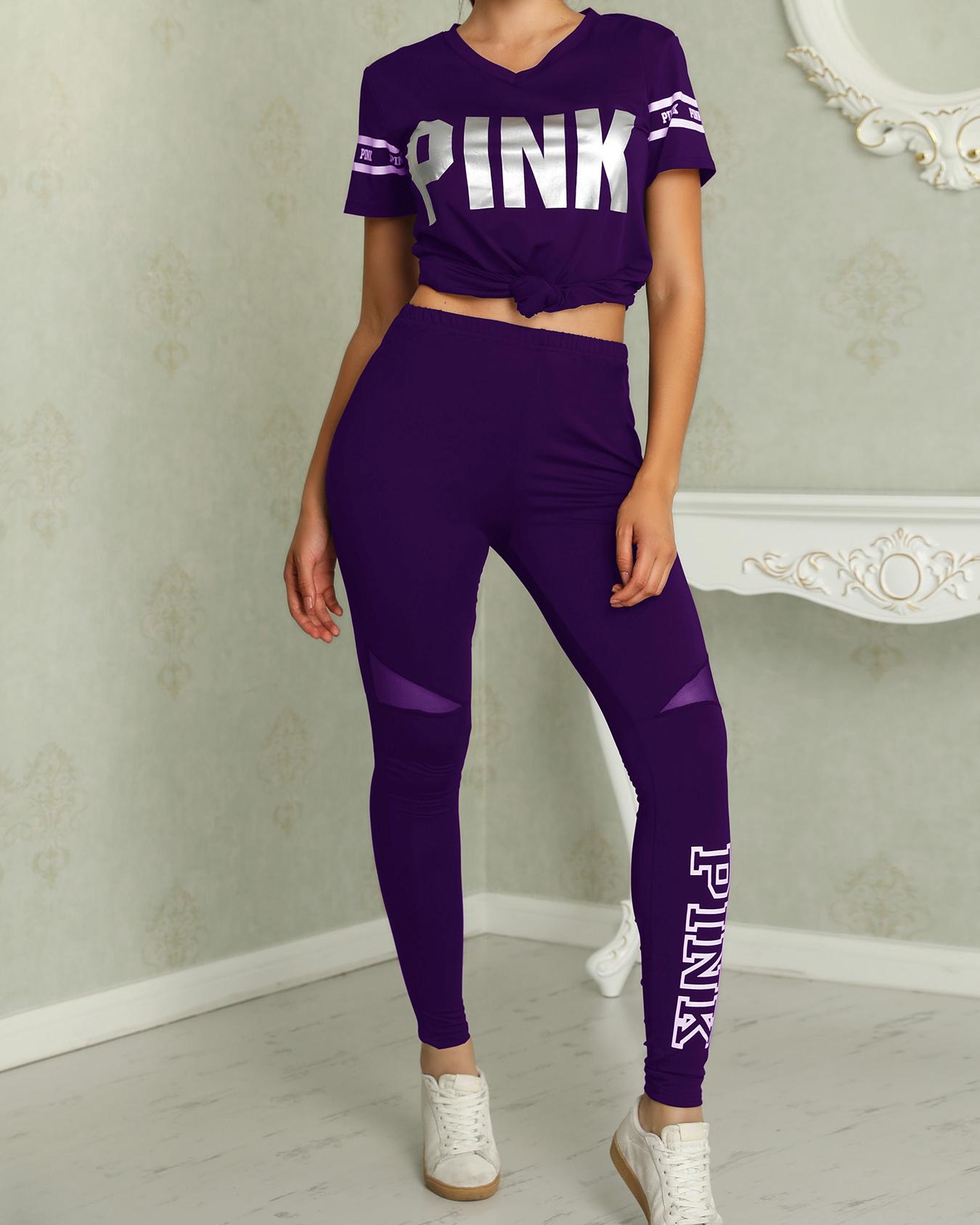

Letter Print Patchwork Casual Pant Sets, Purple