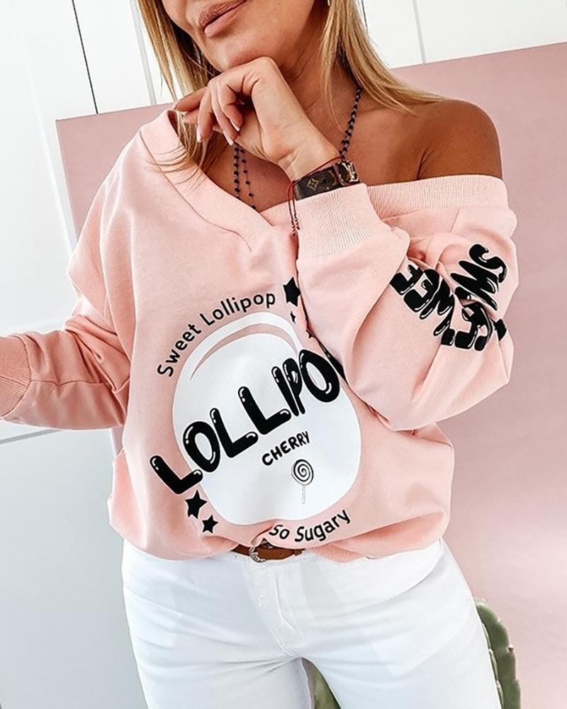 

Letter Print V-Neck Long Sleeve Sweatshirt Casual Top, Pink