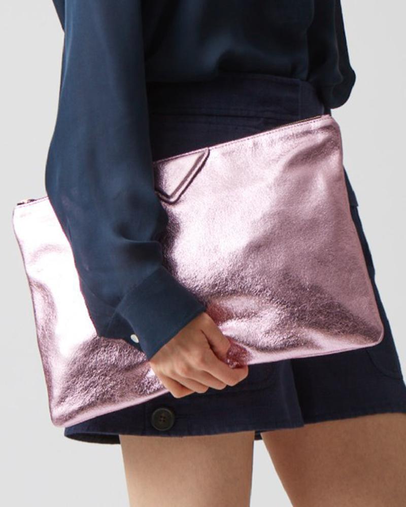 

Zipper Design Metallic Envelope Clutch Bag, Pink