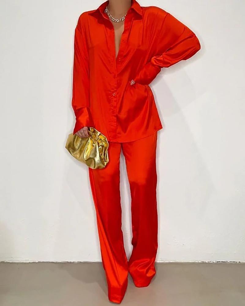 

Satin Buttoned Long Sleeve Shirt & High Waist Pants Set, Red