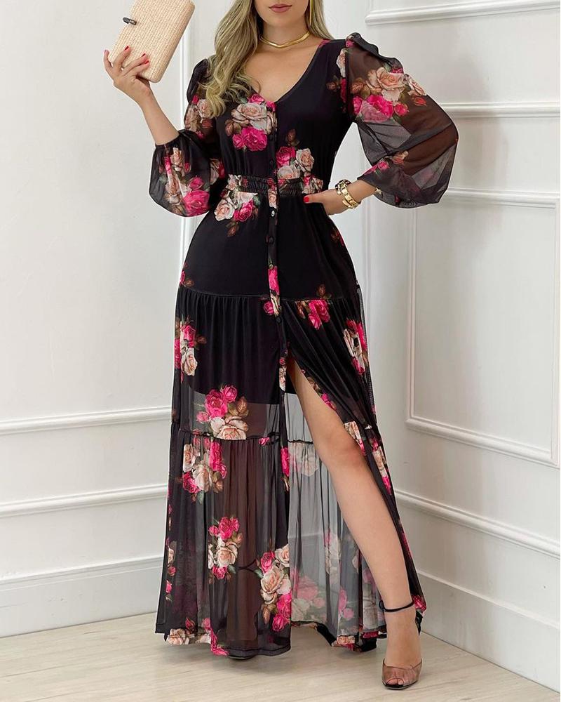 

Lantern Sleeve Floral Print Sheer Mesh Maxi Dress, Black